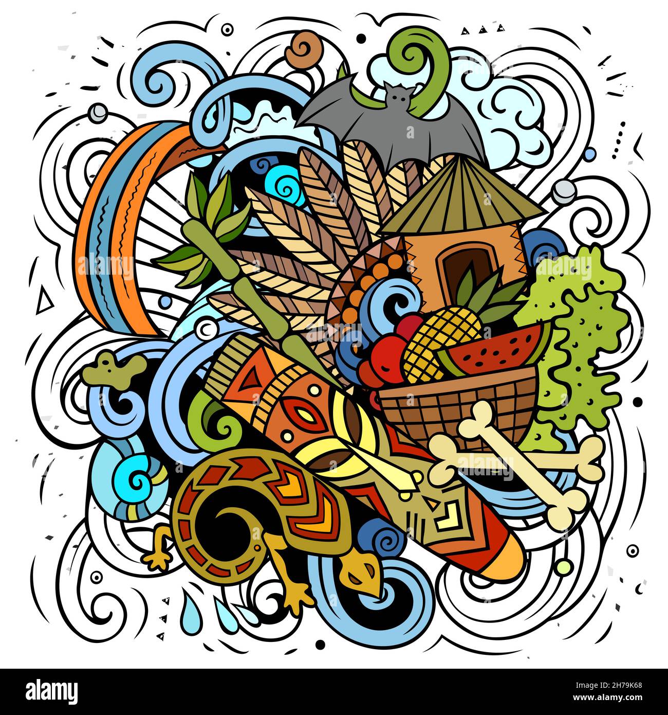 Illustrazione di fumetto vettoriale di Figi. Composizione colorata e dettagliata con molti oggetti e simboli esotici dell'isola. Illustrazione Vettoriale