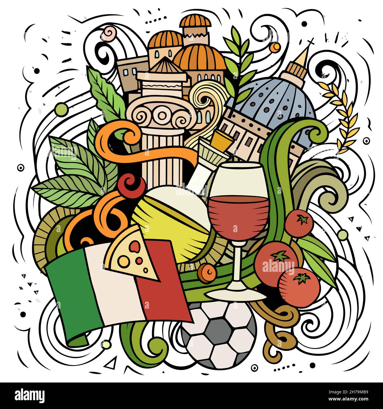 Cartoon vettore fumetto illustrazione. Composizione colorata e dettagliata con molti oggetti e simboli italiani Illustrazione Vettoriale