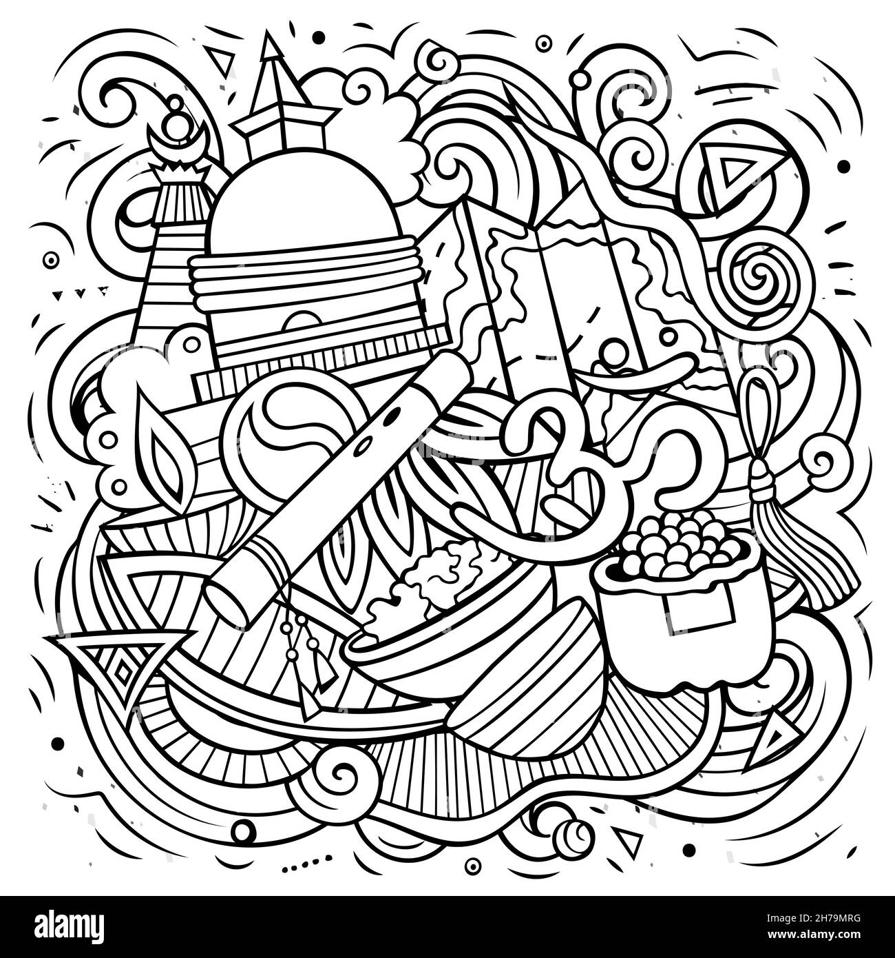 Nepal cartoon vettore Doodle illustrazione. Composizione dettagliata di Line art con molti oggetti e simboli nepalesi. Illustrazione Vettoriale