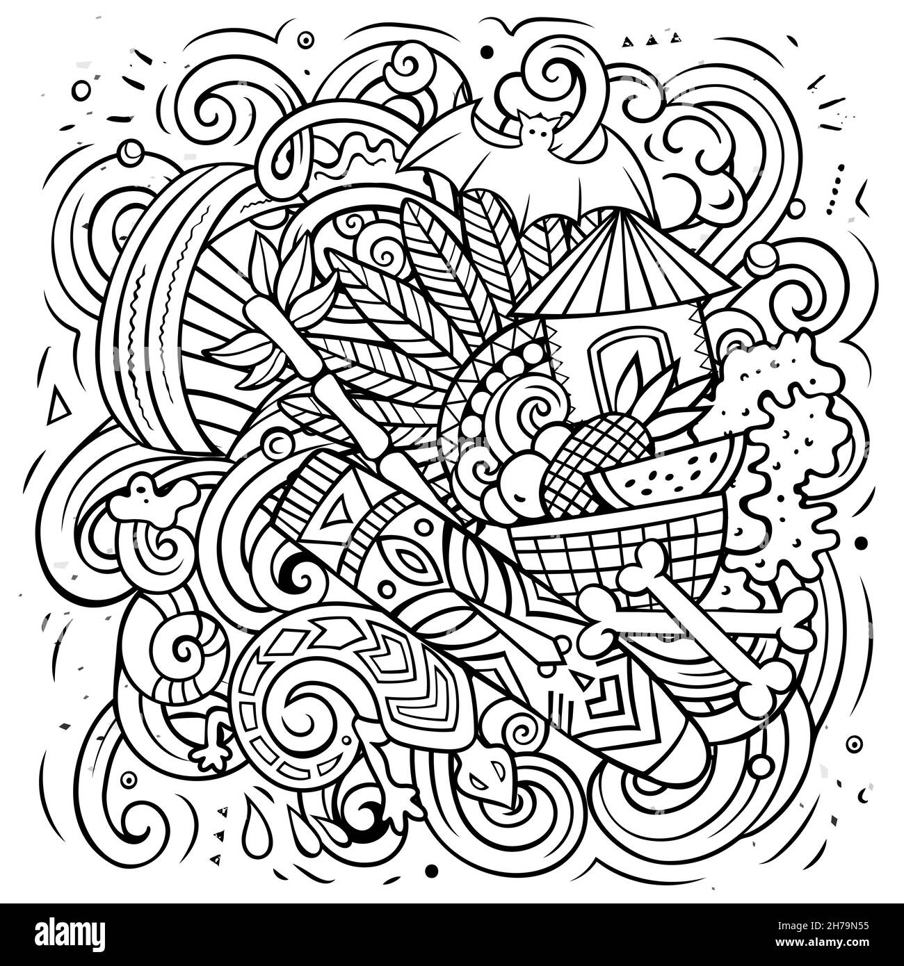 Illustrazione di fumetto vettoriale di Figi. Composizione dettagliata di schizzo con molti oggetti e simboli esotici dell'isola. Illustrazione Vettoriale