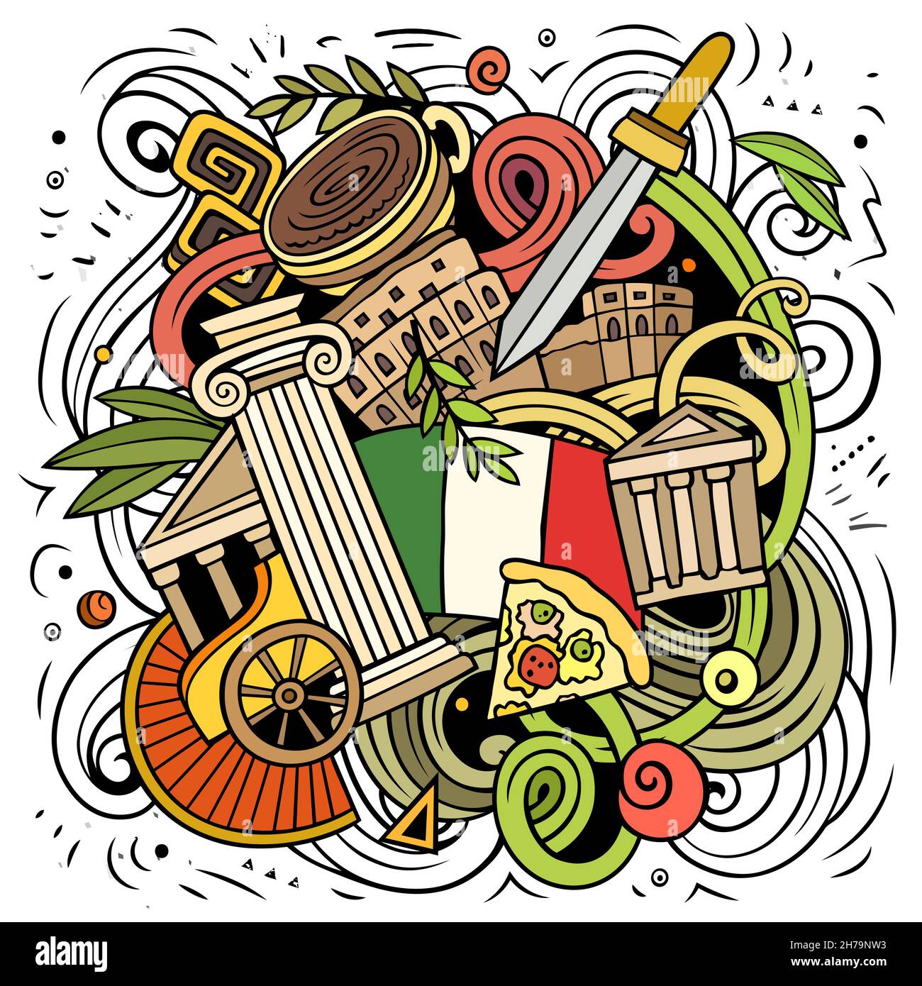 Cartoon vettore fumetto illustrazione. Composizione colorata e dettagliata con molti oggetti e simboli italiani Illustrazione Vettoriale