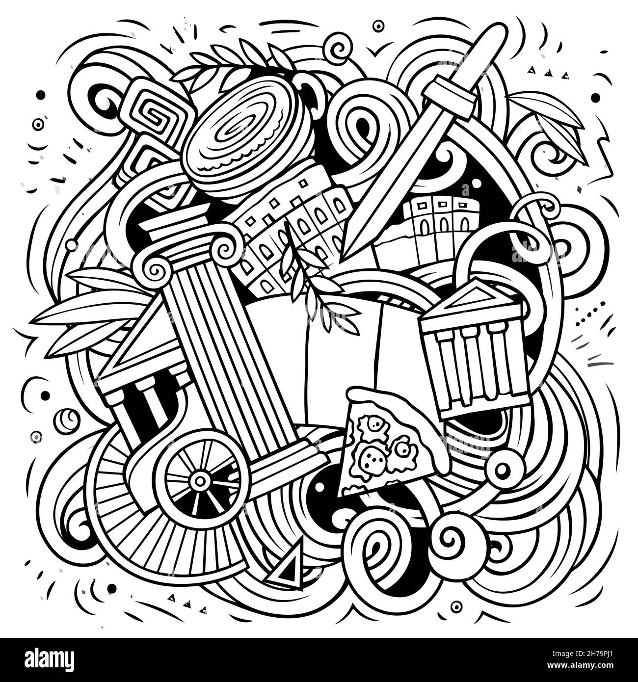 Cartoon vettore fumetto illustrazione. Composizione dettagliata di schizzo con molti oggetti e simboli italiani Illustrazione Vettoriale