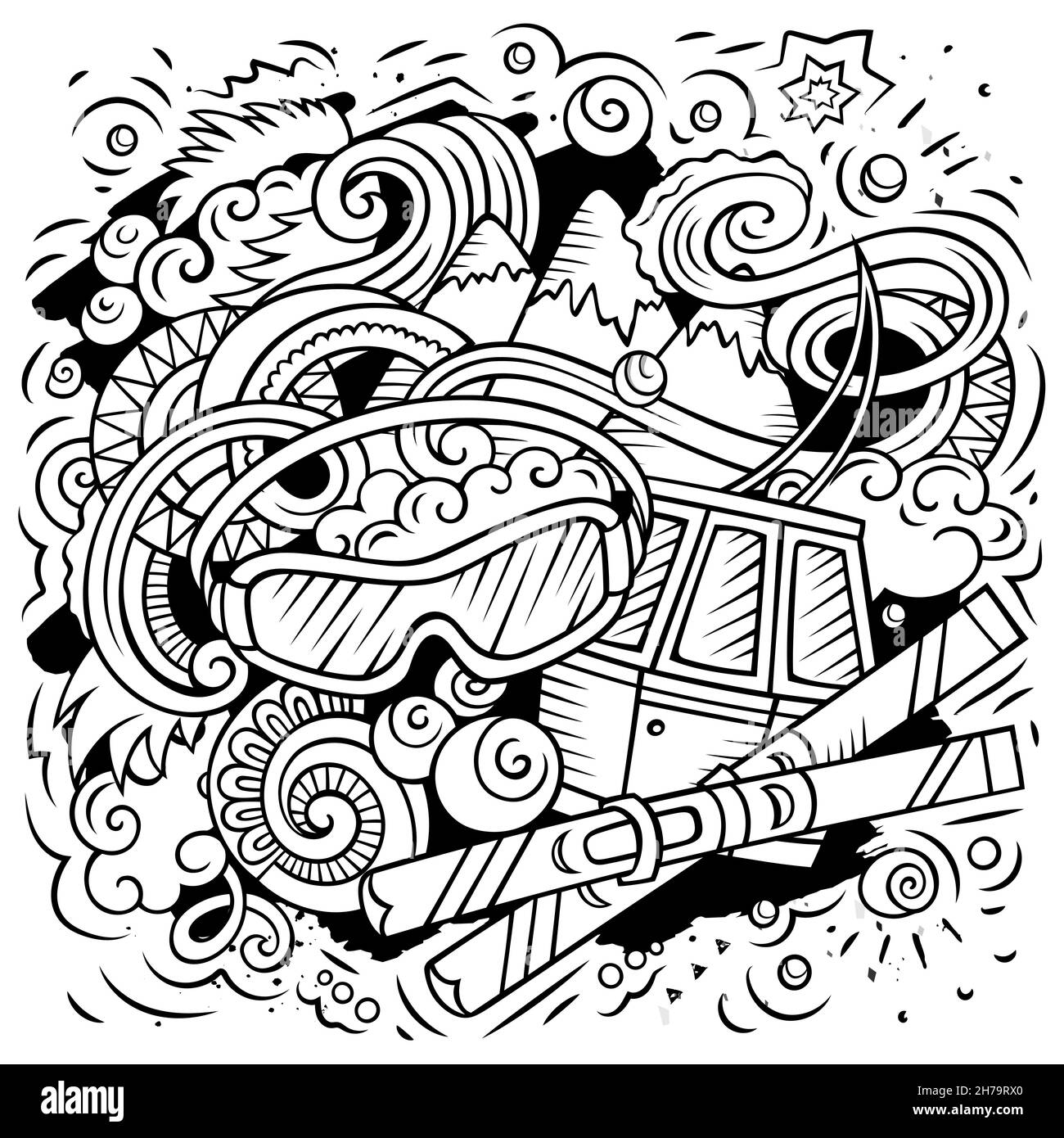 Cartoon vettore Doodles Inverno Sport illustrazione. Line art, dettagliata, con molti oggetti di sfondo. Tutti gli oggetti si separano. Immagine divertente di schizzo Illustrazione Vettoriale