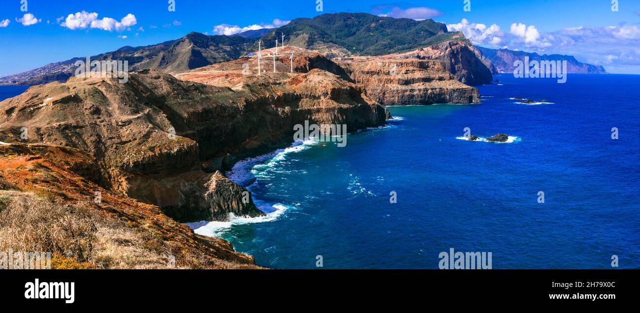 Bellezza paesaggio naturale dell'isola di Madeira. Oceano Atlantico, Portogallo. Punto di vista Ponta do Rrosso nella parte orientale, Ponta de sao Lourence penisola Foto Stock