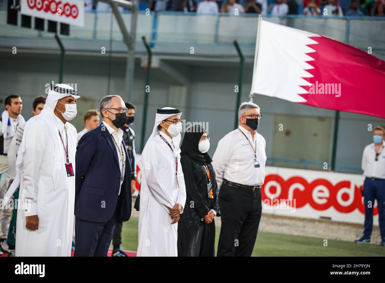 DOMENICALLI Stefano (ita), Presidente e Amministratore Delegato di Formula uno Group FOG, BRAWN Ross (gbr), Amministratore Delegato di Motorsport Formula uno Group, ritratto durante il Gran Premio di Formula 1 Ooredoo Qatar 2021, 20° round del Campionato Mondiale FIA di Formula uno 2021 dal 19 al 21 novembre, 2021 sul circuito internazionale di Losail, a Lusail, Qatar - Foto: Florent Gooden/DPPI/LiveMedia Foto Stock