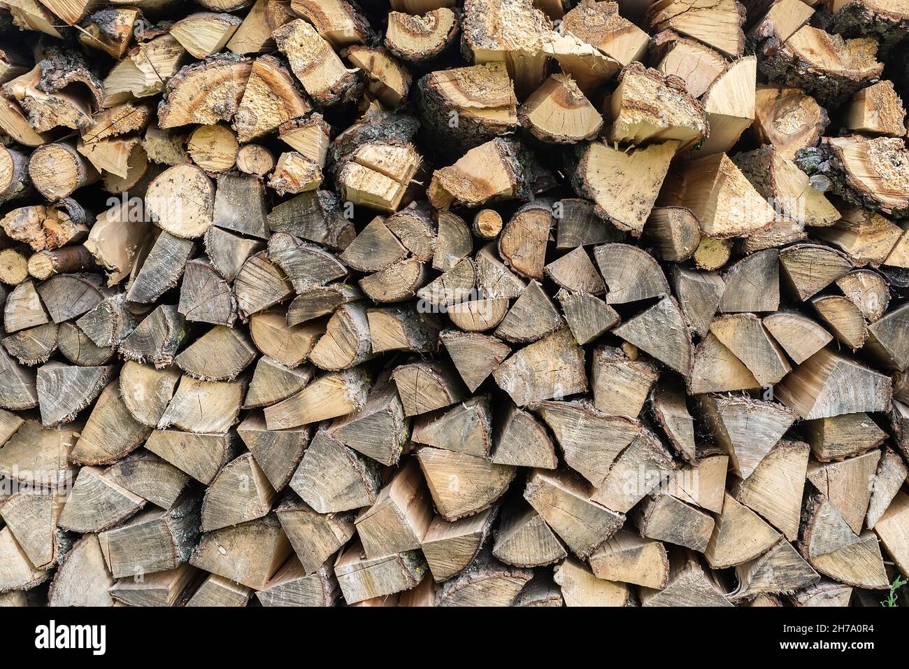 Sfondo di tronchi di legno lisci in legno. Taglia la tessitura del legno. Mucchio di legna da fuoco tritata preparato per l'inverno Foto Stock