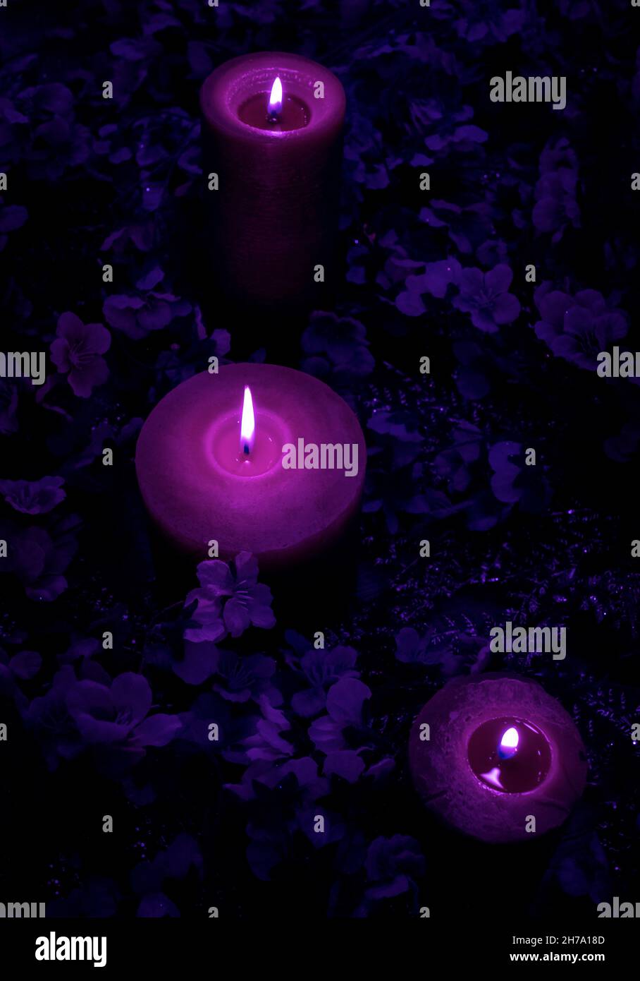 Un sacco di magia viola e velluto viola colori candele bruciare su sfondo  blu con fiori Foto stock - Alamy