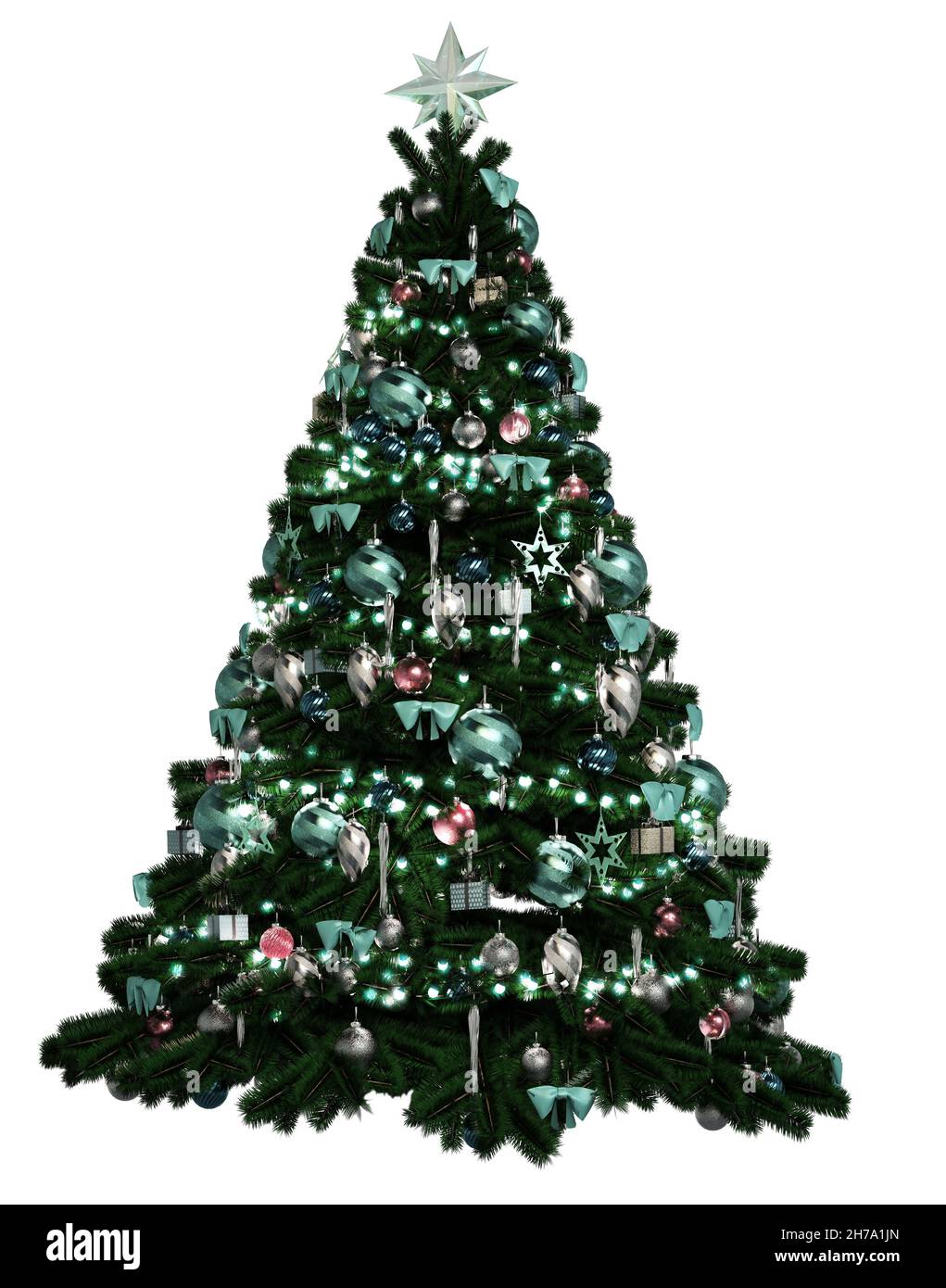 Grafica computerizzata 3d di un albero di Natale decorato tradizionalmente Foto Stock