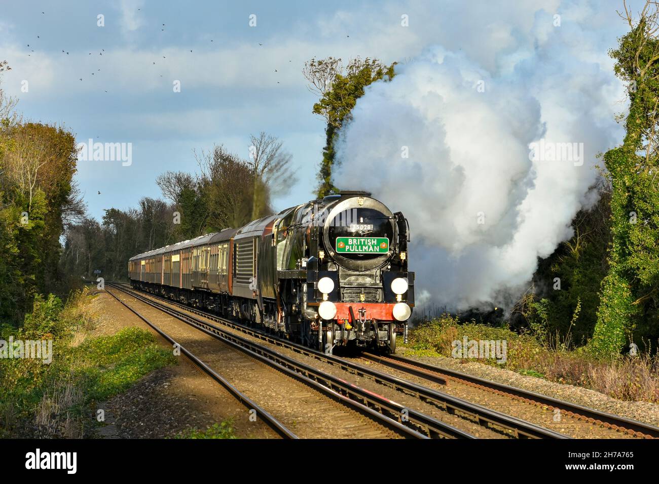 La locomotiva a vapore Clan Line storms su Martin Mill Bank sulla strada per dover con il Belmond British Pullman, un charter per RailAid attraverso Kent, Inghilterra Foto Stock