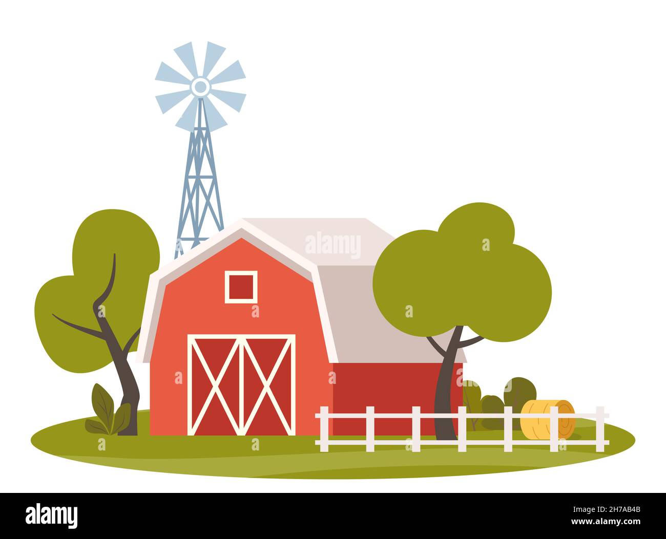 Scena agricola con fienile rosso e mulino a vento, albero, recinzione, fienile. Paesaggio rurale. Concetto di agricoltura e agricoltura. Carino illustrazione vettoriale Illustrazione Vettoriale