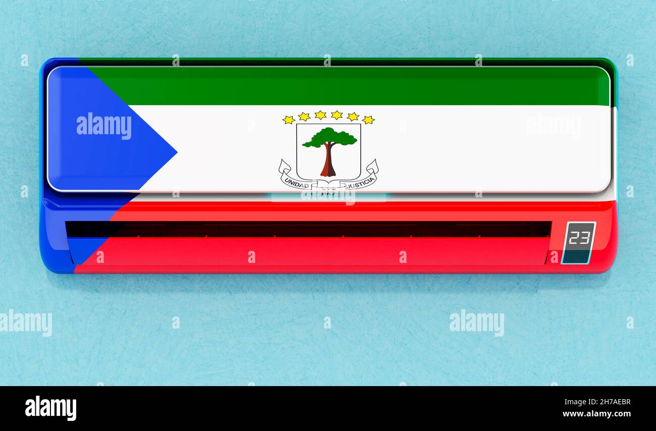 Aria condizionata con bandiera della Guinea equatoguineana sul muro. Sistema di controllo del clima della casa in Guinea Equatoriale, concetto. Rendering 3D Foto Stock