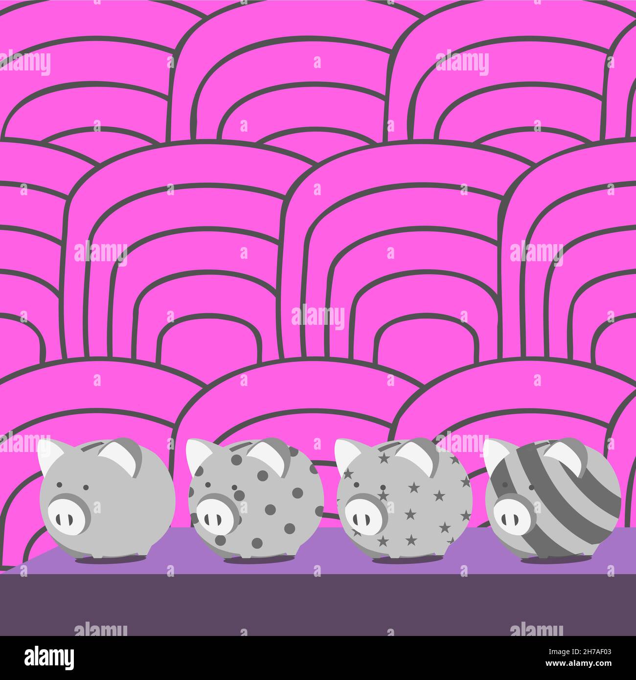 Disegno multiplo di Piggy Bank su tavola con sfondo a strisce. Diffrente Piglet Money Jar Design con Big Note colto sul gap mostrando finanziario Illustrazione Vettoriale