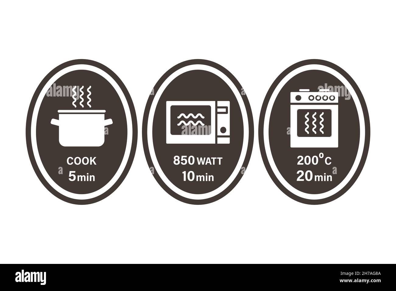 Simboli di istruzioni per la cottura di pentola, forno a microonde e forno.  5,10,20 minuti. Illustrazione vettoriale, modello piatto per imballaggio e  istruzioni Immagine e Vettoriale - Alamy