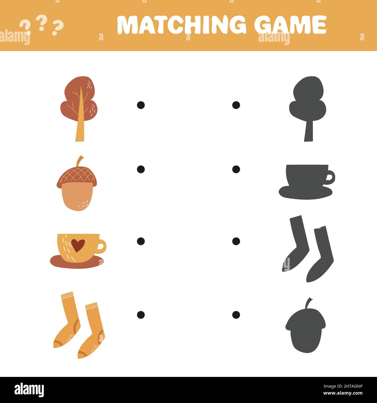 Partita corrispondente. Trova l'ombra corretta degli articoli autunnali. Gioco per bambini. Gioco di matematica educativa per bambini. Illustrazione Vettoriale