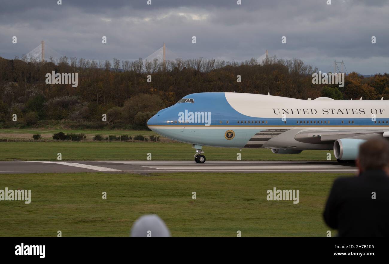 "Air Force One" un USAF VC-25A che atterra per la prima volta a Edimburgo Scozia. Il Presidente Joe Biden ha partecipato al vertice COP26 sul clima. Foto Stock