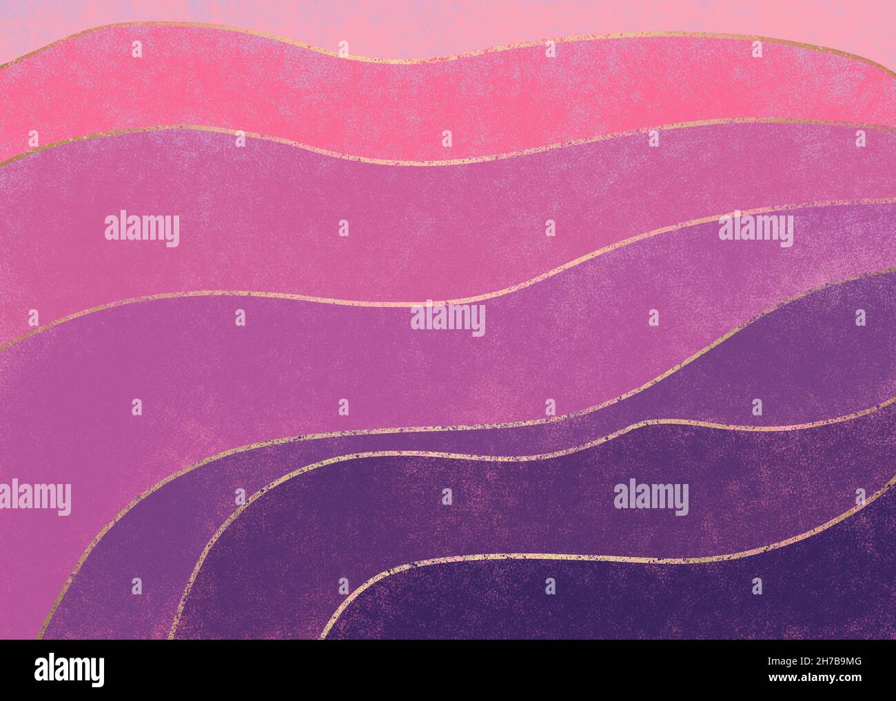 Sfondo grunge astratto in viola, lilla e rosa con linee dorate come onde Foto Stock