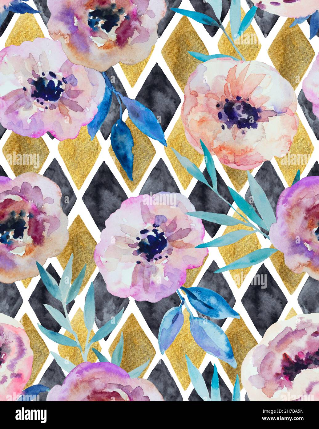Astratto acquerello modello senza giunture con diamanti dorati e neri e fiori anemone. Stampa disegnata a mano per il design. Foto Stock