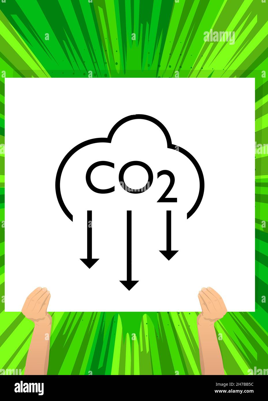 Striscione per mano con simbolo di emissione di CO2, icona di anidride carbonica su carta bianca. Uomo che mostra il cartellone. Illustrazione Vettoriale