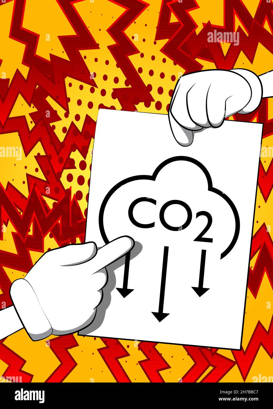 Striscione per mano con simbolo di emissione di CO2, icona di anidride carbonica su carta bianca. Uomo che mostra il cartellone. Illustrazione Vettoriale
