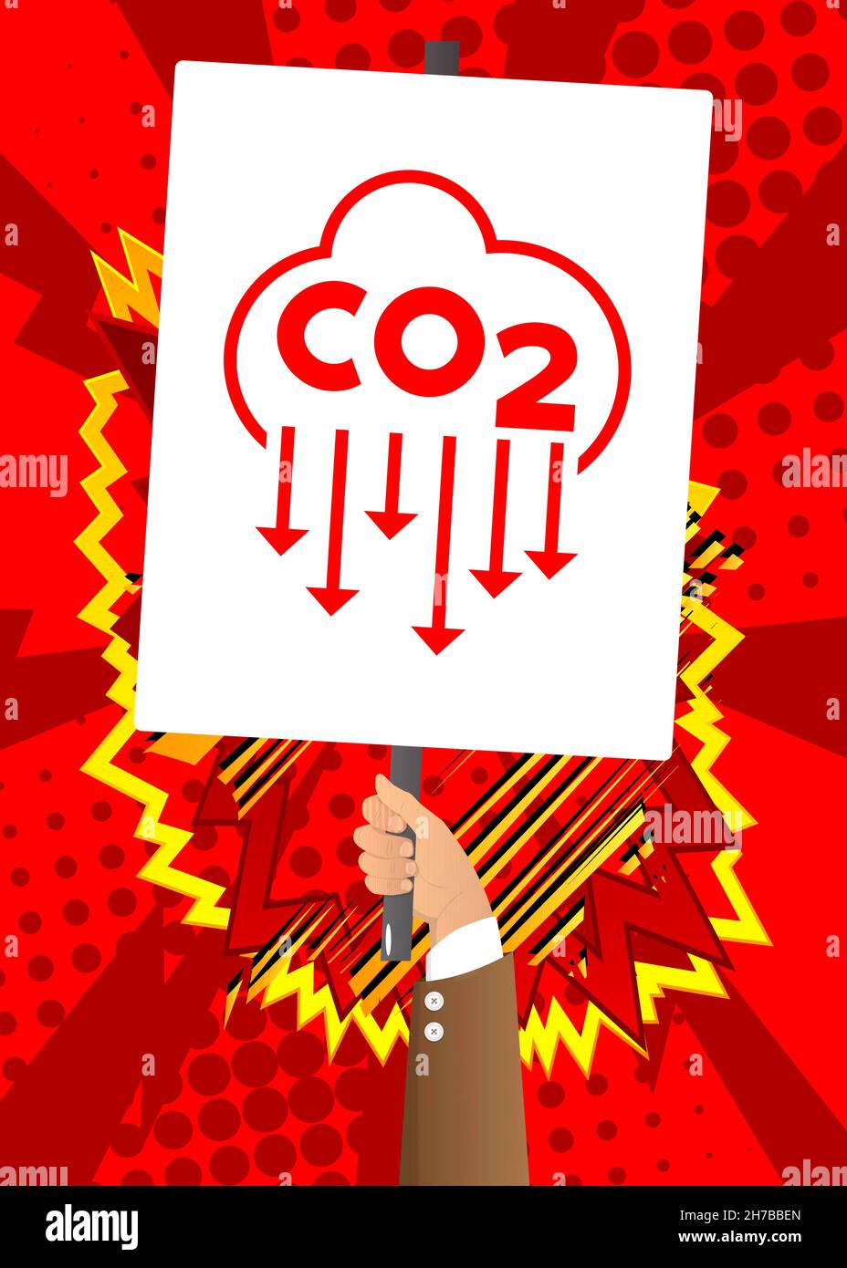Striscione per mano con simbolo di emissione di CO2, icona di anidride carbonica su carta bianca. Uomo che mostra il cartellone. Illustrazione Vettoriale