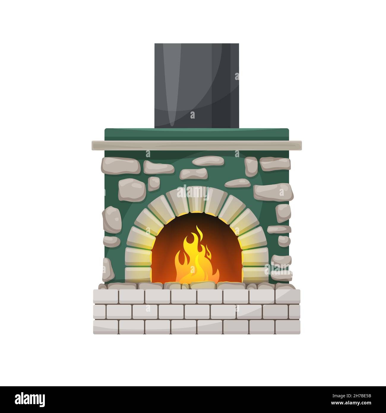 Casa camino o focolare con fiamme fuoco ardente. Fuoco vettoriale con facciata in pietra grigia e camino in acciaio, telaio in pietra e mantelpiece, isolato ca Illustrazione Vettoriale
