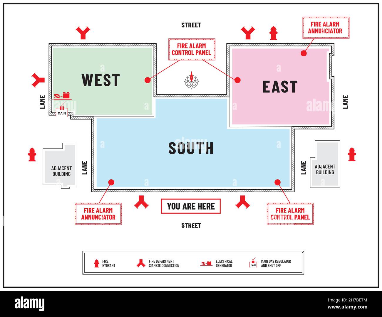 Moderno piano di emergenza antincendio o diagramma di evacuazione di un complesso commerciale o centro commerciale. Posizioni contrassegnate delle apparecchiature antincendio e del generatore Illustrazione Vettoriale