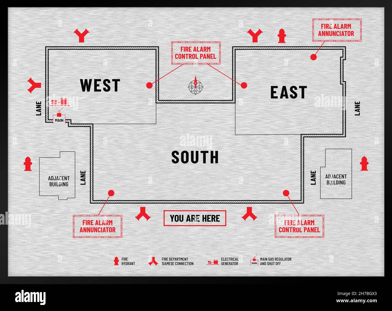 Cartellonistica per il piano di emergenza antincendio in metallo spazzolato o il diagramma di evacuazione di un complesso commerciale o di un centro commerciale. Posizioni contrassegnate delle apparecchiature antincendio, chiusura a gas Foto Stock