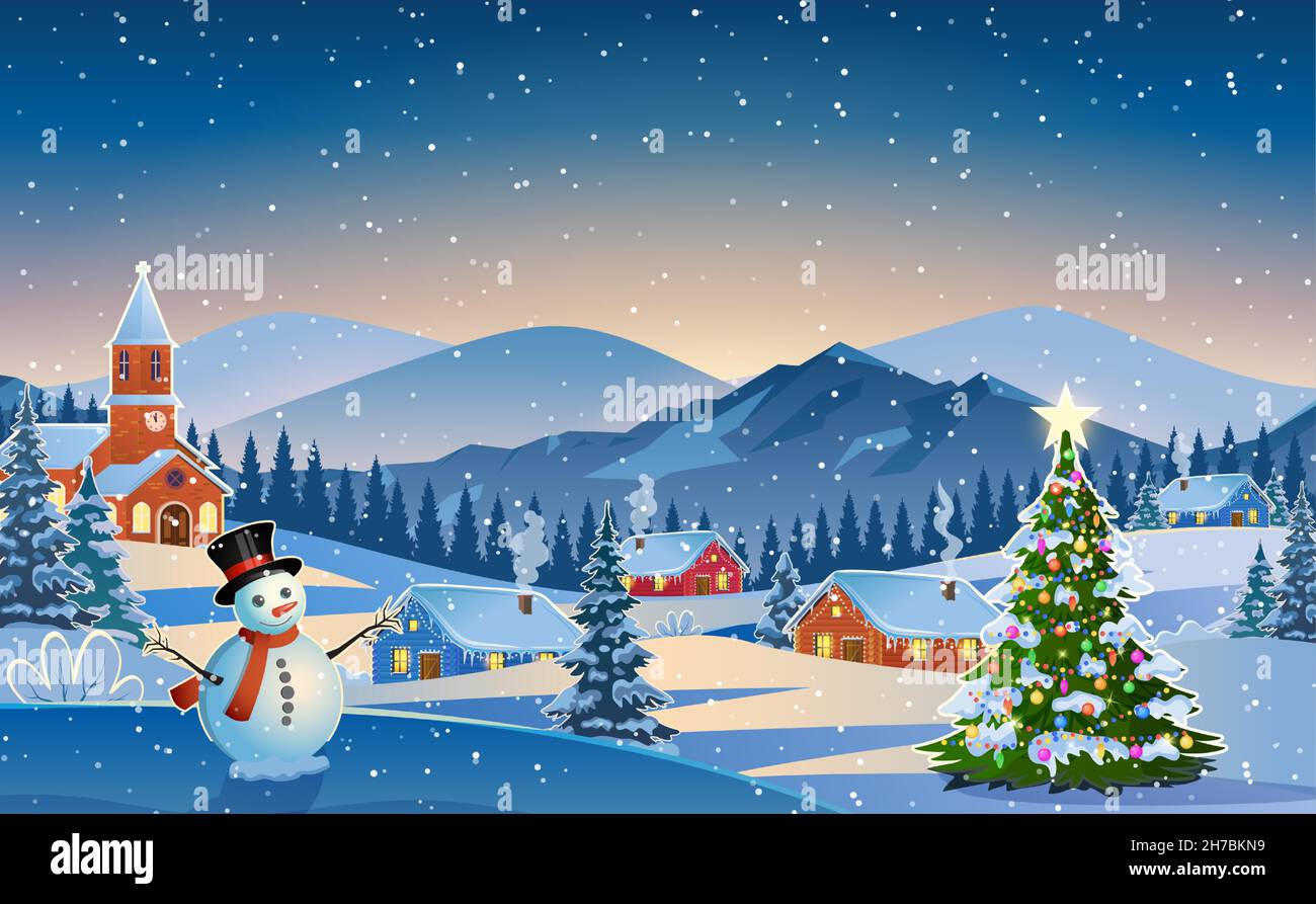 Inverno neve paesaggio e case Illustrazione Vettoriale