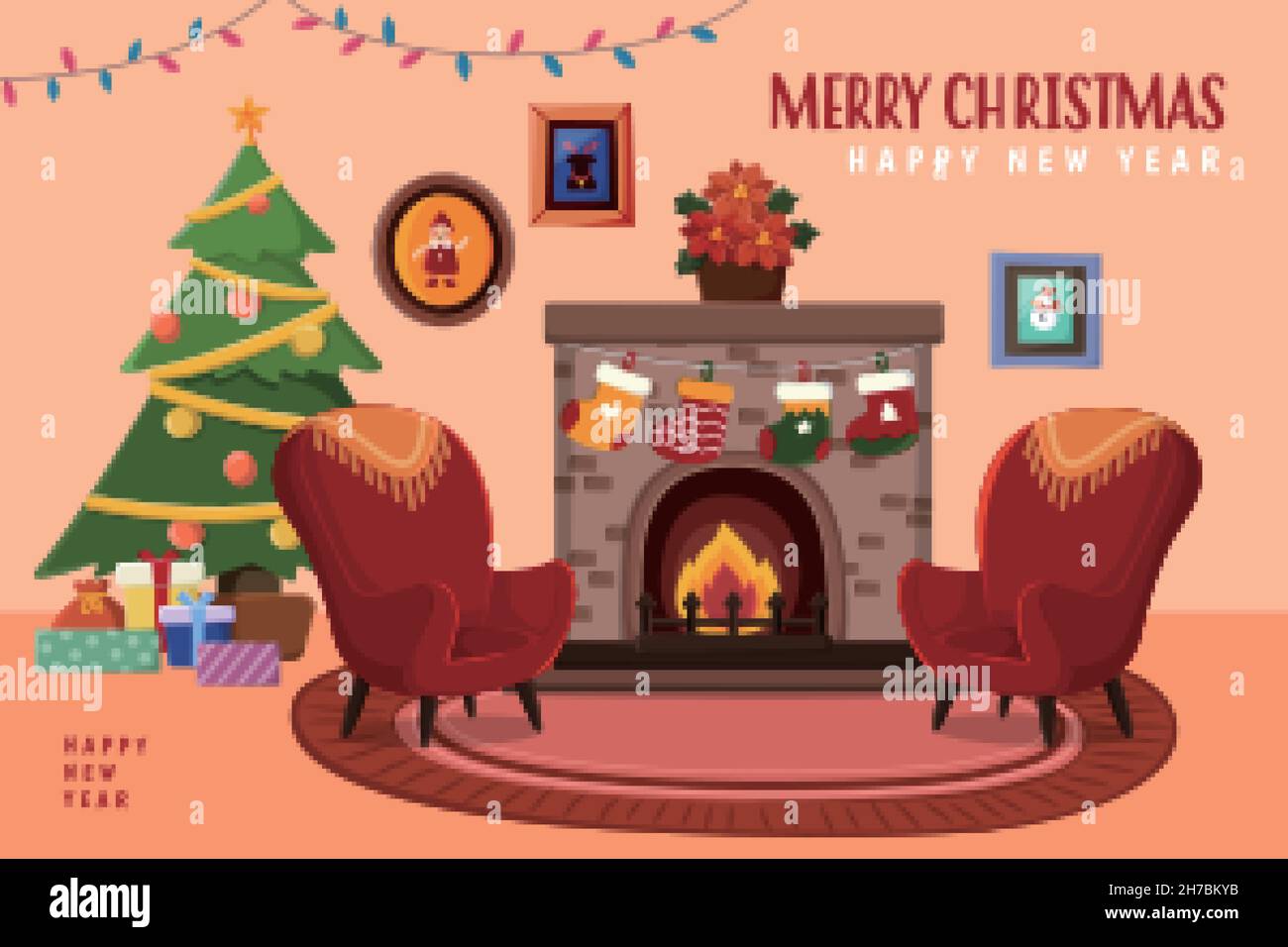 Biglietto di auguri per Natale e Capodanno. Illustrazione piatta del soggiorno splendidamente decorato per Natale invernale Illustrazione Vettoriale