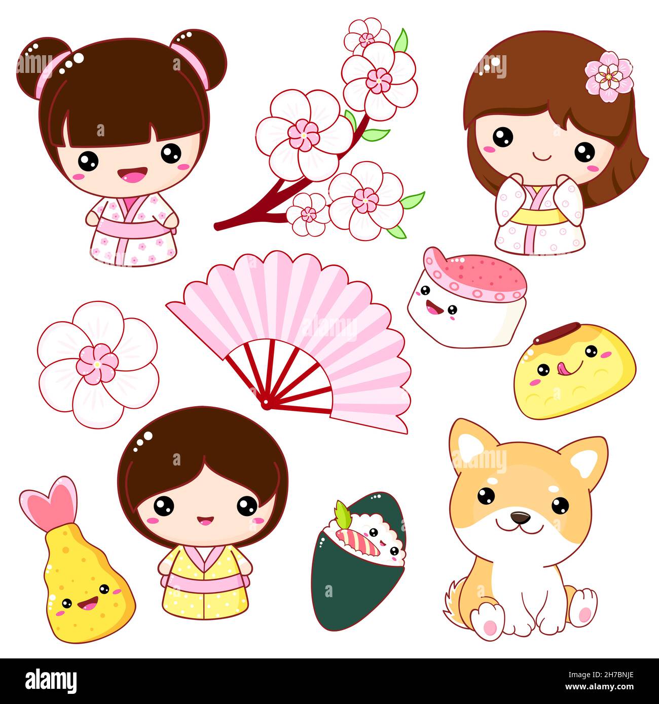 Set di icone carine in stile kawaii. Bambola giapponese kokeshi giocattolo tradizionale in kimono, cucciolo Akita Inu, fiori sakura, tempura, fan. Illustrazione vettoriale Illustrazione Vettoriale