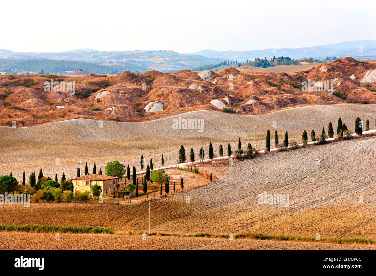 Villa Toscana in paesaggio arato e testurizzato, Creta, Provincia di Siena, Toscana, Italia Foto Stock
