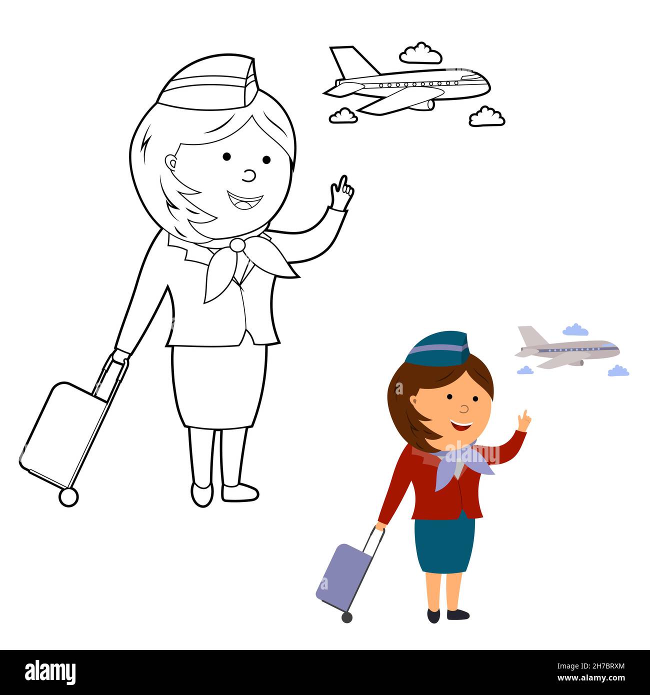 libro da colorare. colore per modello, illustrazione cartoon di un assistente di volo e di un aeroplano, vettore isolato su uno sfondo bianco Illustrazione Vettoriale
