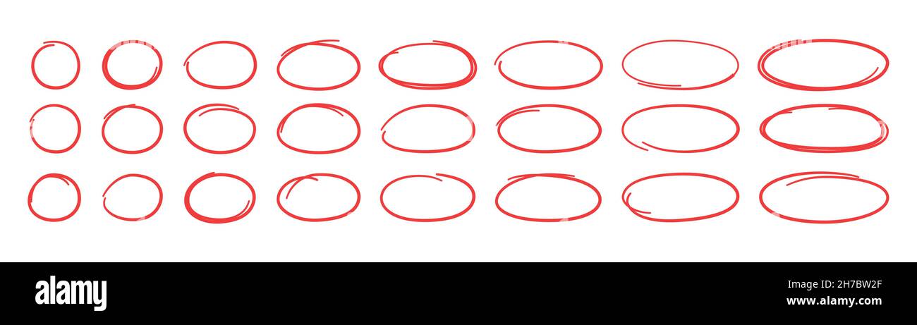 Set di ovali e cerchi rossi disegnati a mano. Ovali di diverse larghezze. Evidenziare i riquadri dei cerchi. Ellissi in stile doodle. Set di illustrazioni vettoriali Illustrazione Vettoriale