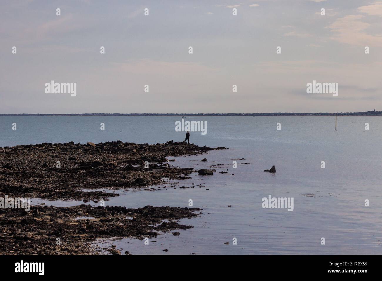 Solitude pescatore è la pesca in mare a saint vaast la hougue in Normandia, Francia. Il pescatore si trova su terreni rocciosi accidentati. Foto Stock