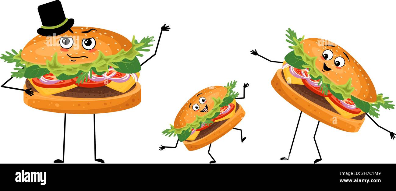 Famiglia di personaggi hamburger con emozioni felici, viso sorriso, occhi felici, braccia e gambe. Mamma è felice, papà indossa un cappello e il bambino balla. Illustrazione piatta vettoriale Illustrazione Vettoriale