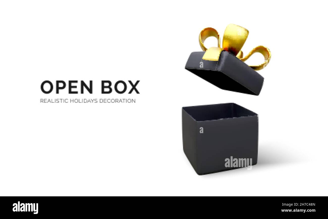 Aprire la confezione regalo con nastro d'oro e arco. Presenta l'elemento decorativo della scatola. Banner vacanza con scatola nera. Illustrazione vettoriale Illustrazione Vettoriale
