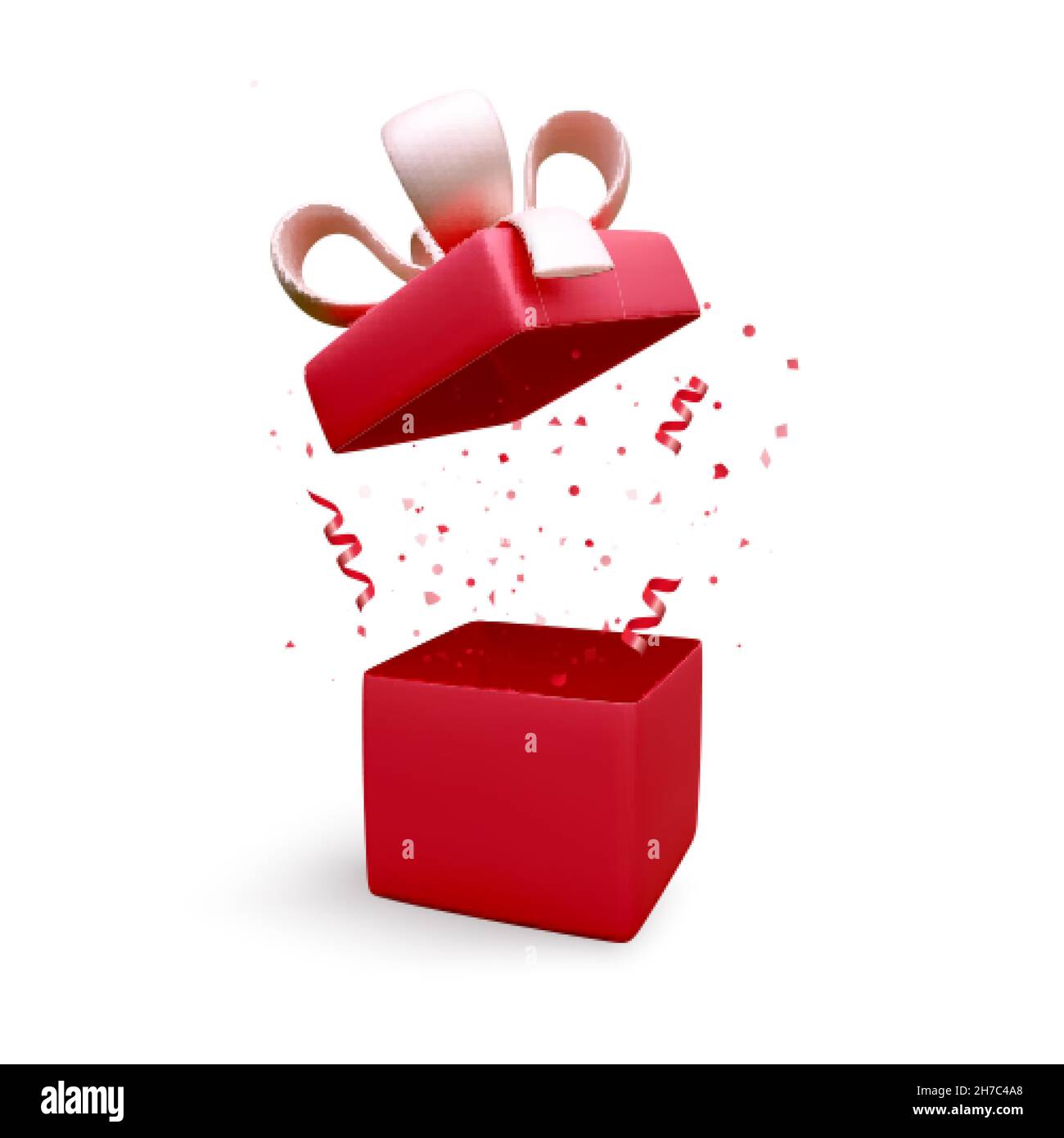 Confezione regalo con nastro rosso e arco e confetti cadenti. Banner vacanza con scatola aperta. Presenta l'elemento decorativo della scatola. Illustrazione vettoriale Illustrazione Vettoriale