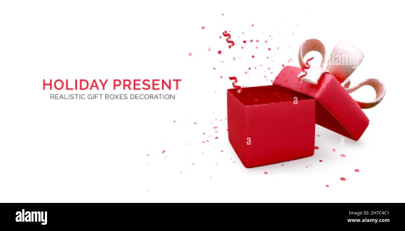 Confezione regalo con nastro rosso e arco e confetti cadenti. Presenta l'elemento decorativo della scatola. Banner vacanza con scatola aperta. Illustrazione vettoriale Illustrazione Vettoriale