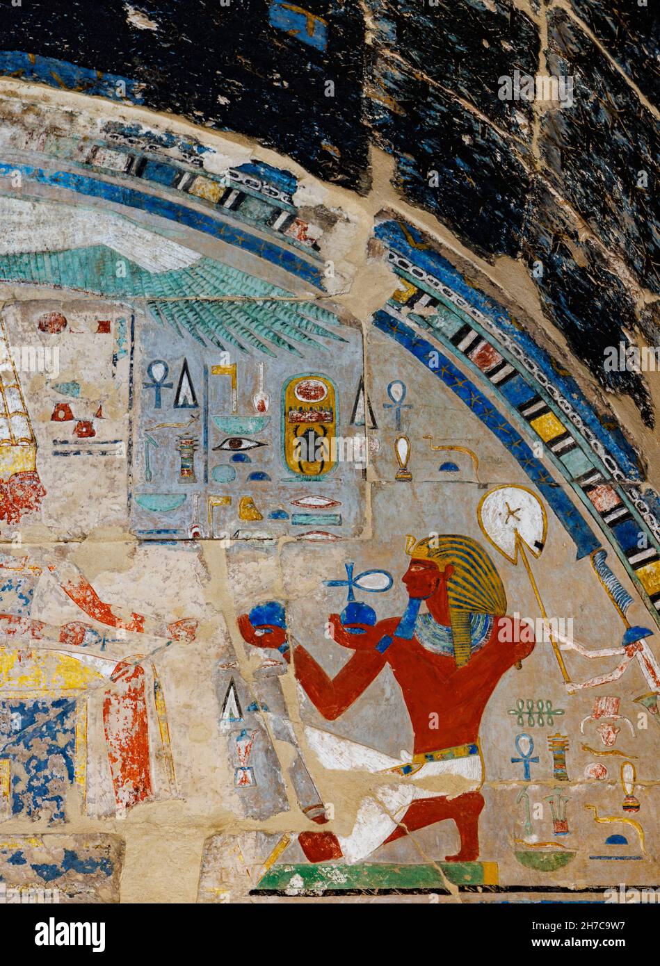 Muro dipinto, il tempio di Hatshepsut, Luxor, Egitto Foto Stock