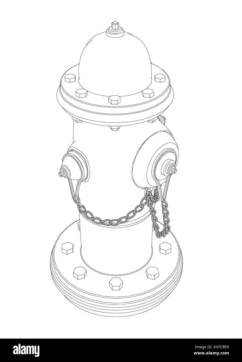 Profilo di un idrante incendio stradale da linee nere isolate su sfondo bianco. Vista isometrica. Illustrazione vettoriale Illustrazione Vettoriale
