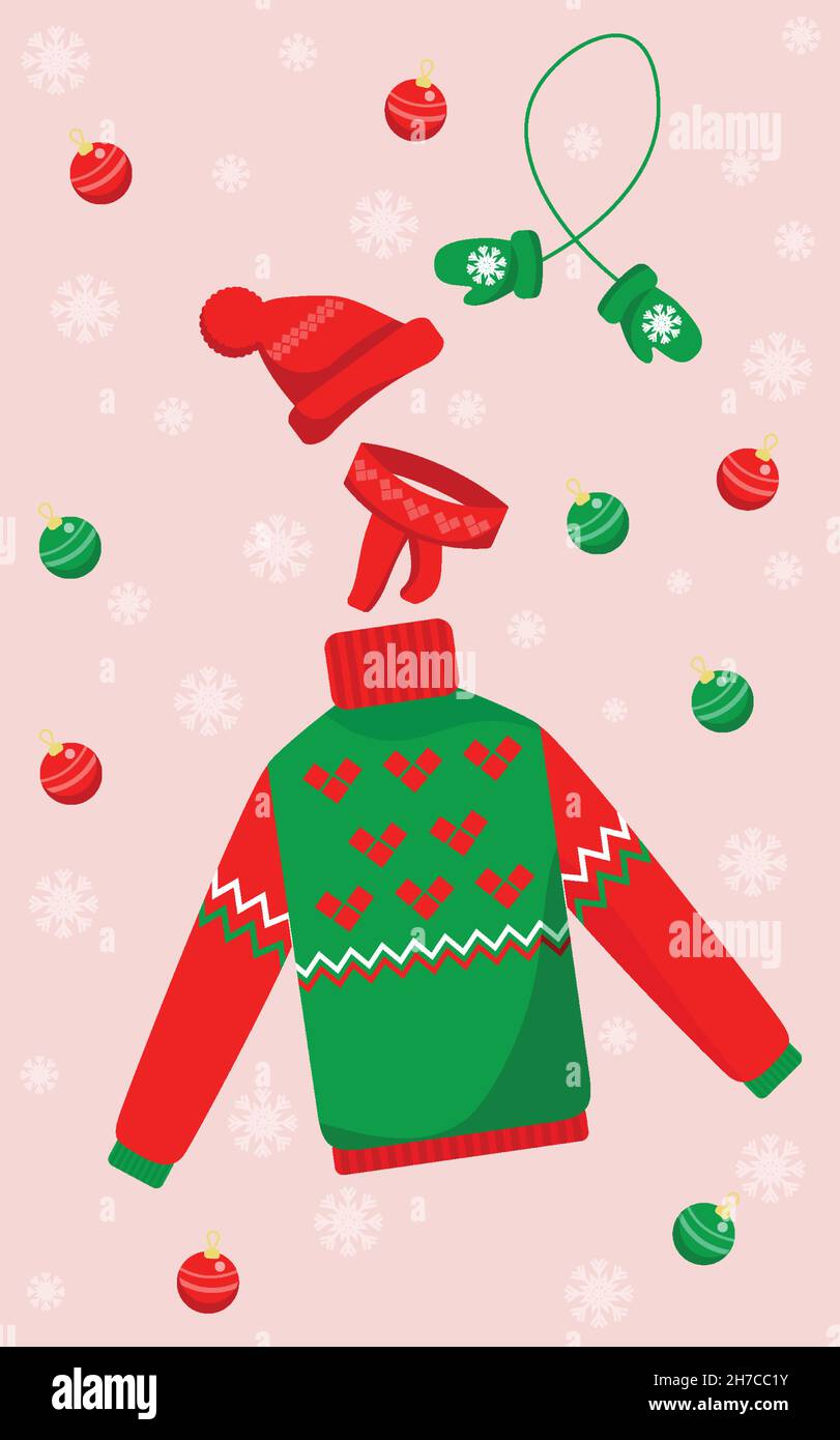 Collezioni di abbigliamento invernale. Cappello e sciarpa in maglia, guanti, maglione in stile natalizio, in cartoon flat style. Illustrazione Vettoriale