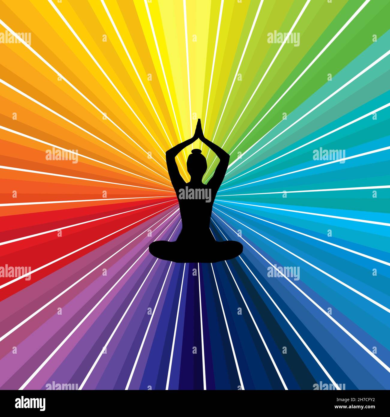 Praticante di yoga in posa di loto meditando su un sunburst in chakra colori Illustrazione Vettoriale