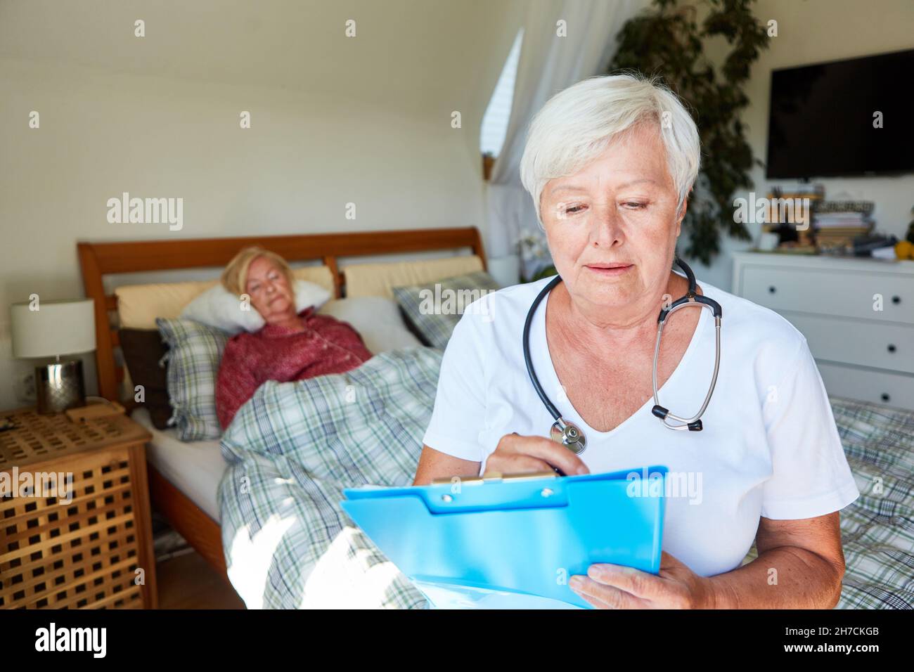 Il medico femminile guarda i file dei pazienti in casa di cura durante la visita a casa con anziani in background Foto Stock