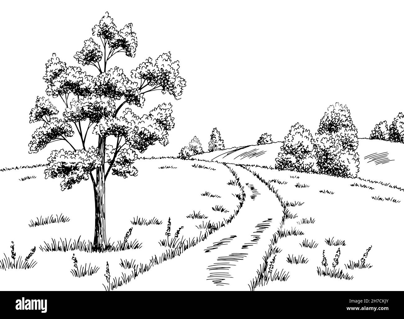 Grafico stradale rurale bianco nero disegno paesaggio vettore illustrazione Illustrazione Vettoriale