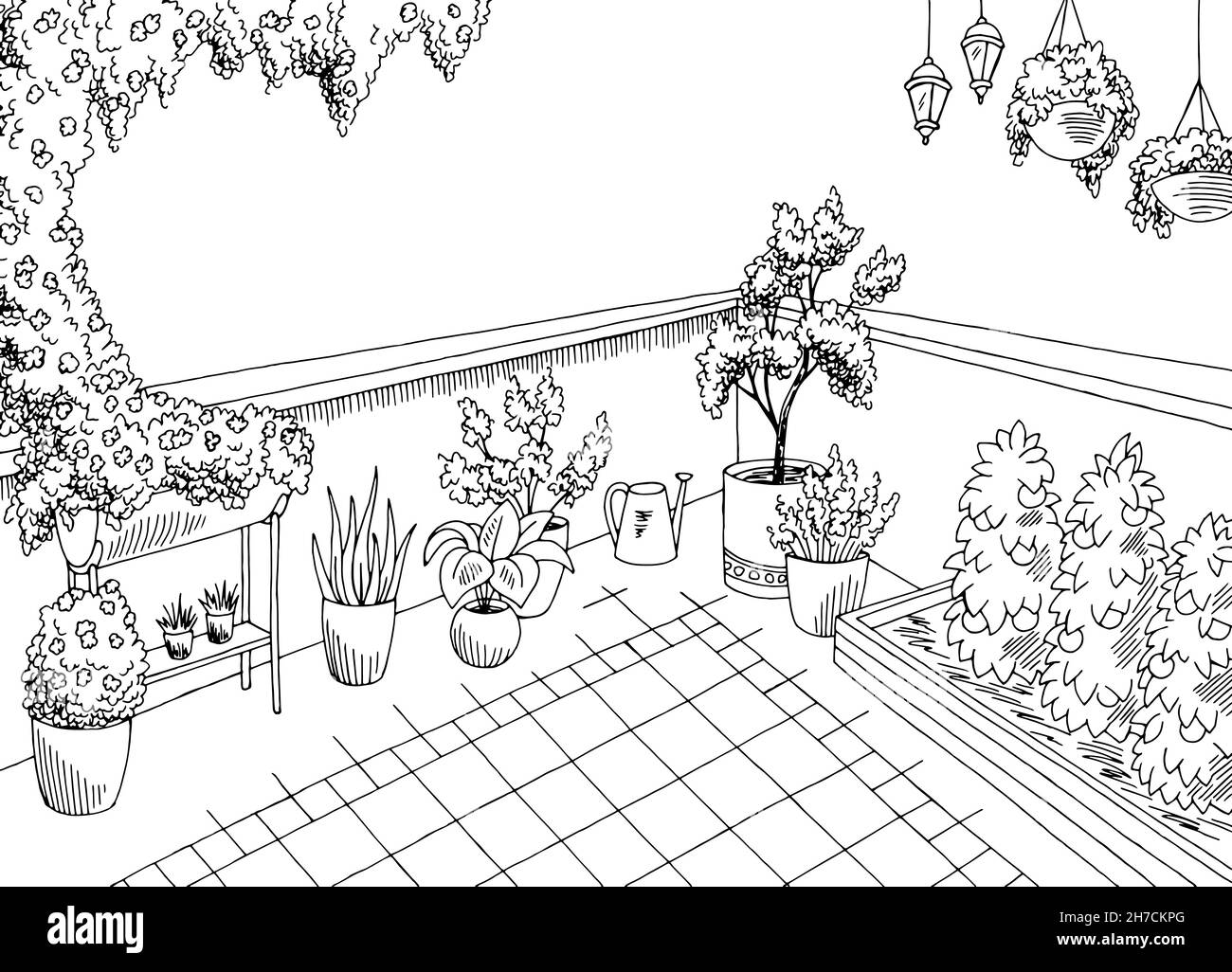 Balcone giardino grafica nero bianco disegno interno illustrazione vettore Illustrazione Vettoriale