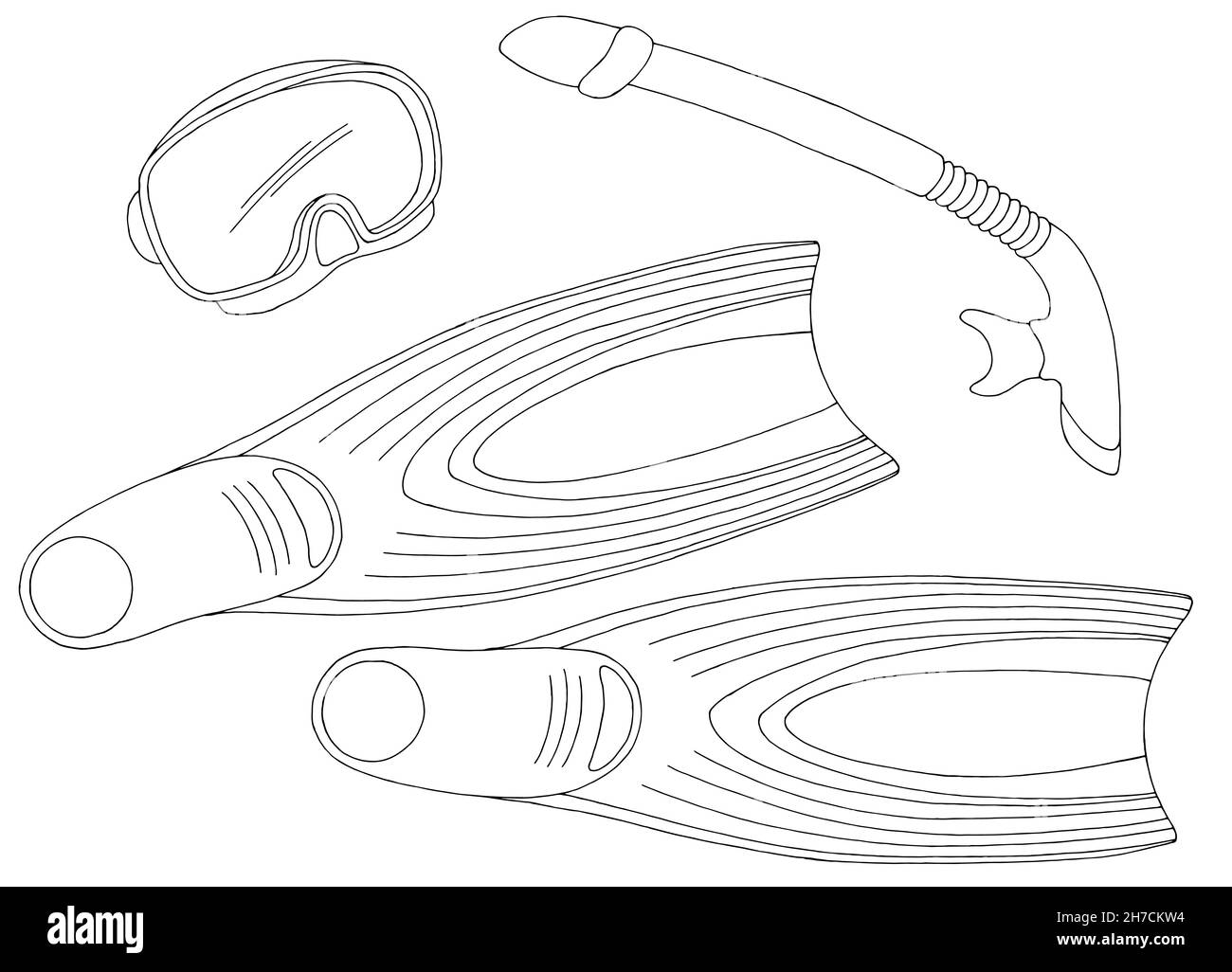 Maschera flippers scuba diving set grafico bianco nero sport schizzo isolato vettore illustrazione Illustrazione Vettoriale