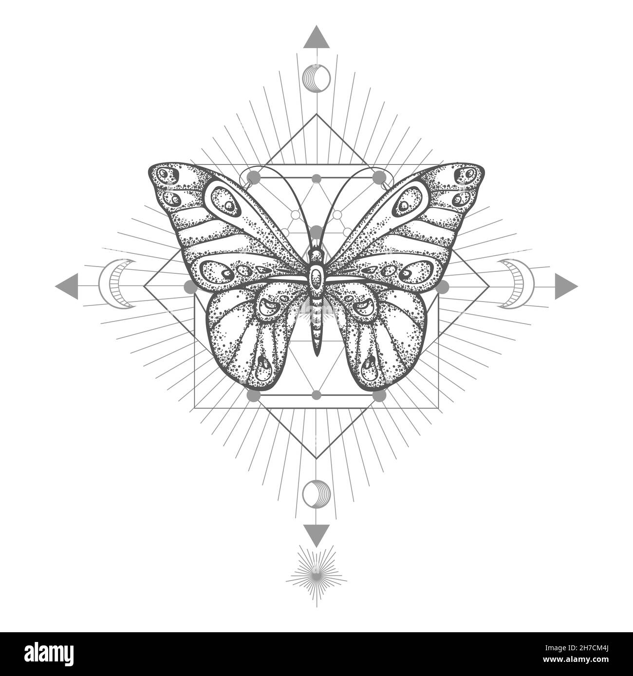 Illustrazione vettoriale con farfalla disegnata a mano e simbolo geometrico sacro su sfondo bianco. Segno mistico astratto. Forma lineare nera. Illustrazione Vettoriale