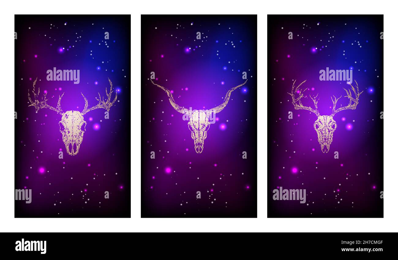 Set vettoriale di tre illustrazioni con silhouette d'oro scottano cervi e antilopi sullo sfondo del cielo stellato. Immagine di colore viola. Per te Illustrazione Vettoriale