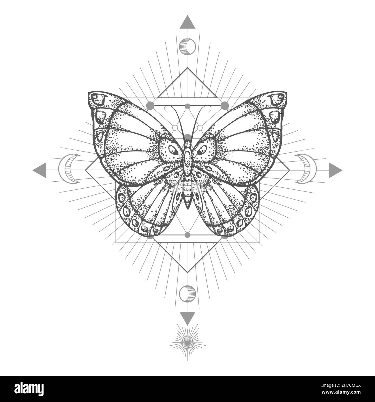 Illustrazione vettoriale con farfalla disegnata a mano e simbolo geometrico sacro su sfondo bianco. Segno mistico astratto. Forma lineare nera. Illustrazione Vettoriale
