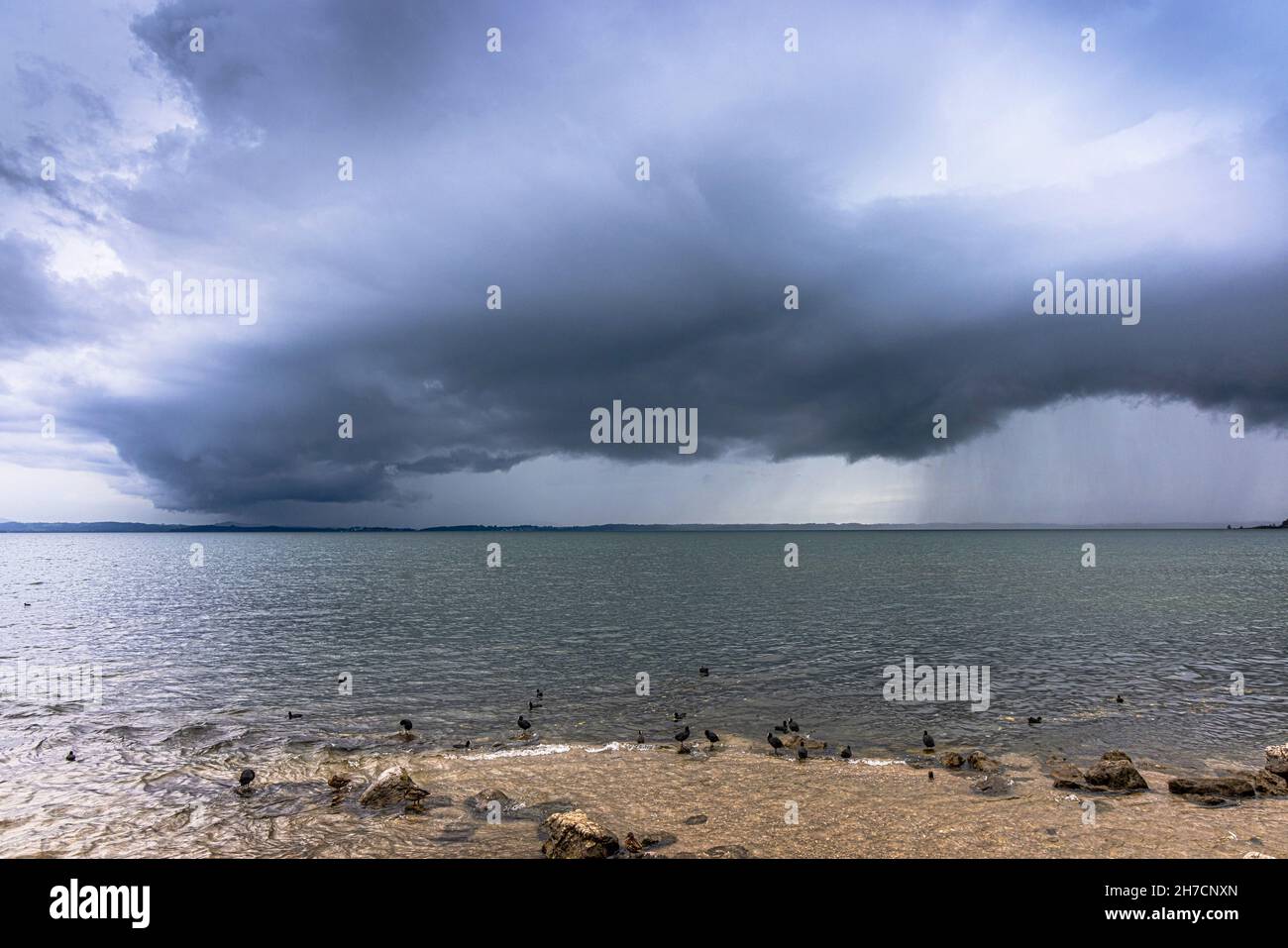 Tempesta di tuore di avvicinamento con forti precipitazioni sul lago, Germania, Baviera, Lago Chiemsee, Chieming Foto Stock